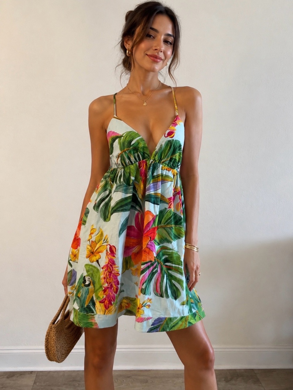 Farm Rio Tropical Floral V-Neck Dress - White/Multicolor